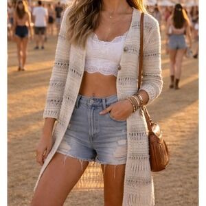 Boston Proper Wool Blend Cardigan Duster Sz S Boho Coachella Festival Beachy